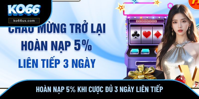 Hoàn nạp 5% khi cược đủ 3 ngày liên tiếp Hoàn nạp 5% khi cược đủ 3 ngày liên tiếp